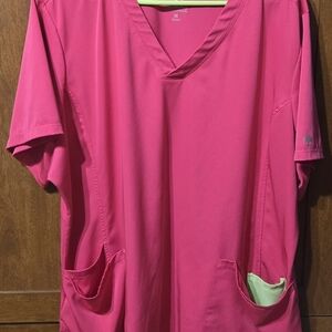 Healing Hands Women’s V-Neck Scrub Top in Bright Pink with Lime Trim